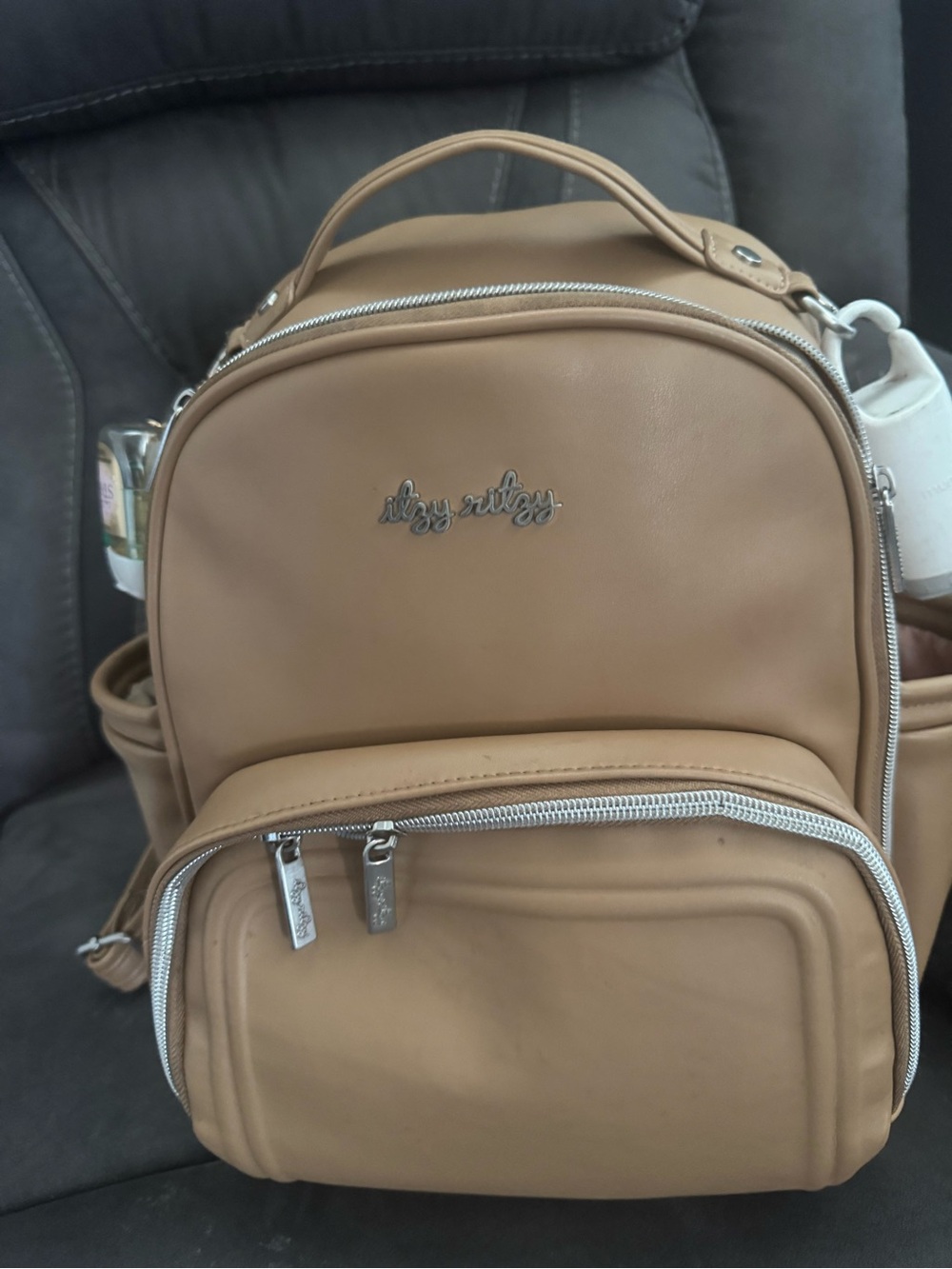 Itzy Ritzy Tan Mini Backpack with Silver Hardware
